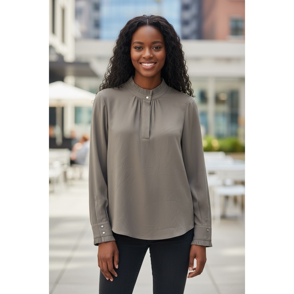 Calvin Klein Women's Pleated Mock Neck Long Sleeve Top Blouse - Gray‎